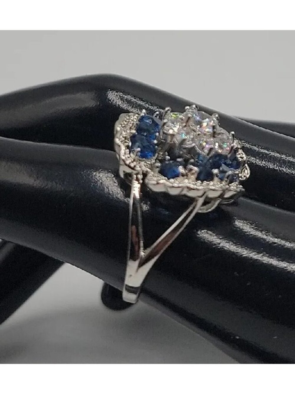 Sterling Silver Crystal Flower Ring Blue Clear Stones 925 Ruffled Petals SZ 9 - Picture 15 of 16